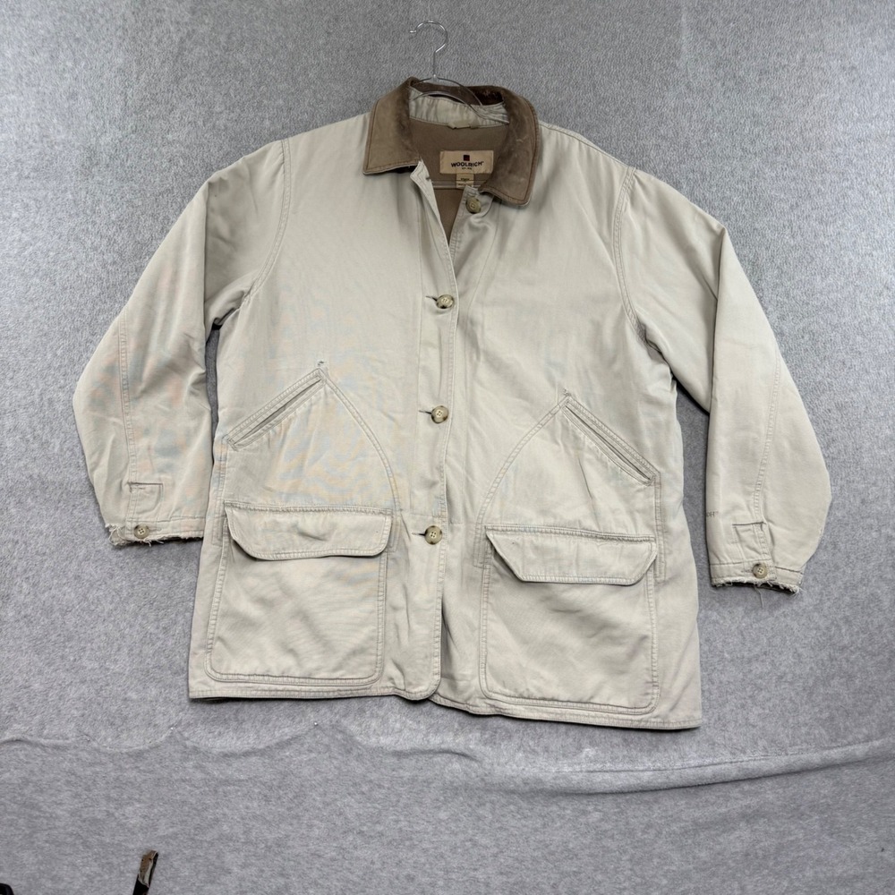 Woolrich Barn Coat Womens XL Tan Canvas Corduroy Collar Fleece Lined Jacket